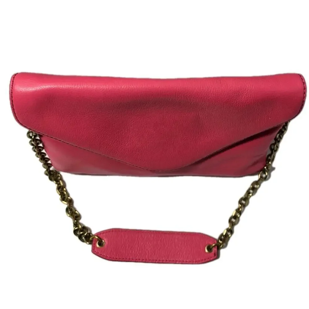 J. Crew Hot Pink Leather Invitation Bag Clutch Envelope Shoulder Purse w/Chain